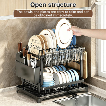 2-Tier Large Capacity Dish Drying Rack, Rustproof Carbon Steel Kitchen Sink Drainer with Cutting Board & Utensil Holder - SkyeDragon Gifts