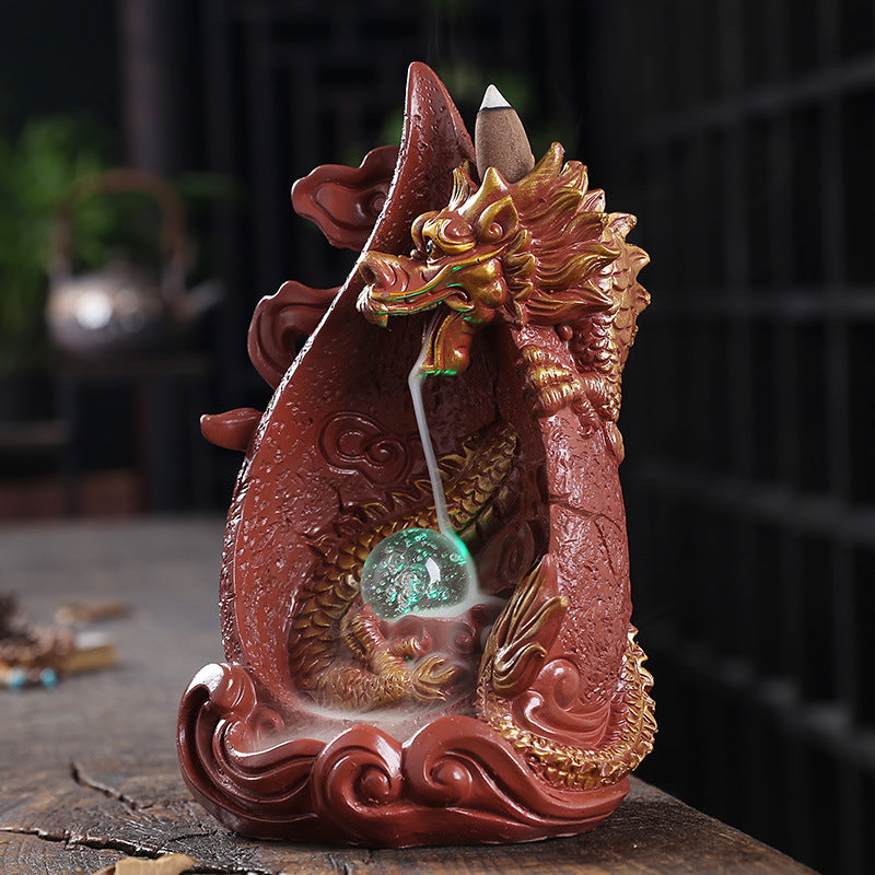 Resin Smoke Backflow Aromatherapy Furnace Creative Large Dragon LED Light Waterfall Backflow Incenseware Handicraft Ornaments