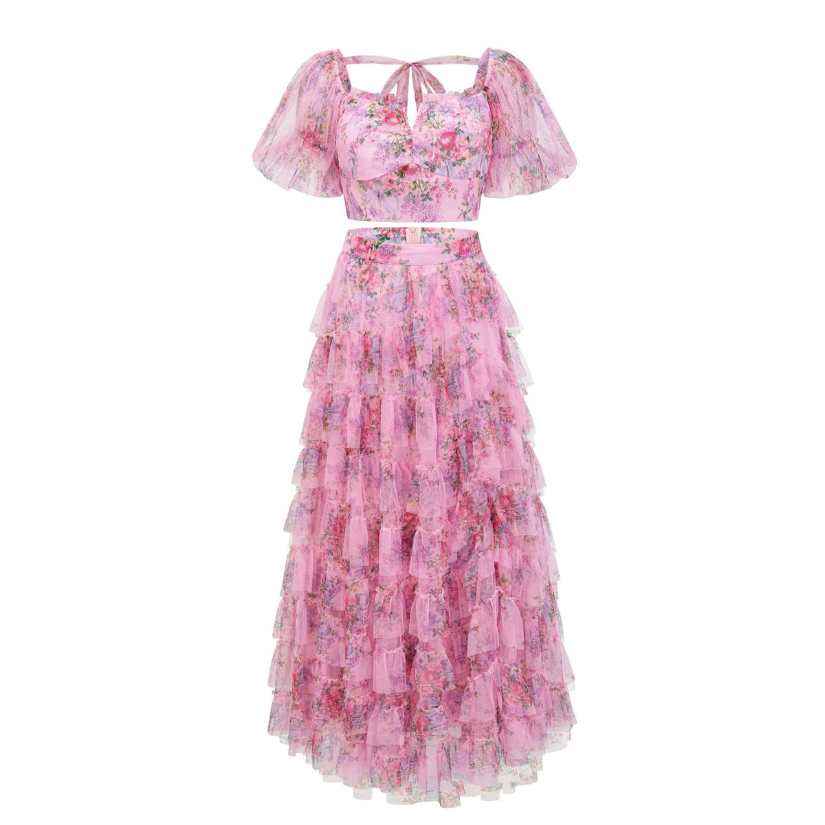 Womens Floral Embroidered Crop Top High Waist Maxi Skirt Set