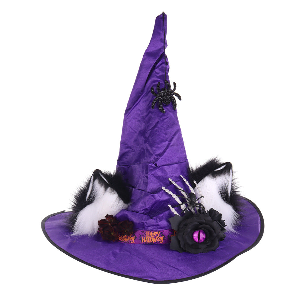 Halloween Fuzzy Animal Ears Dark Witch Hat Cosplay Spider Rose Wizard Performance Prop - SkyeDragon Gifts