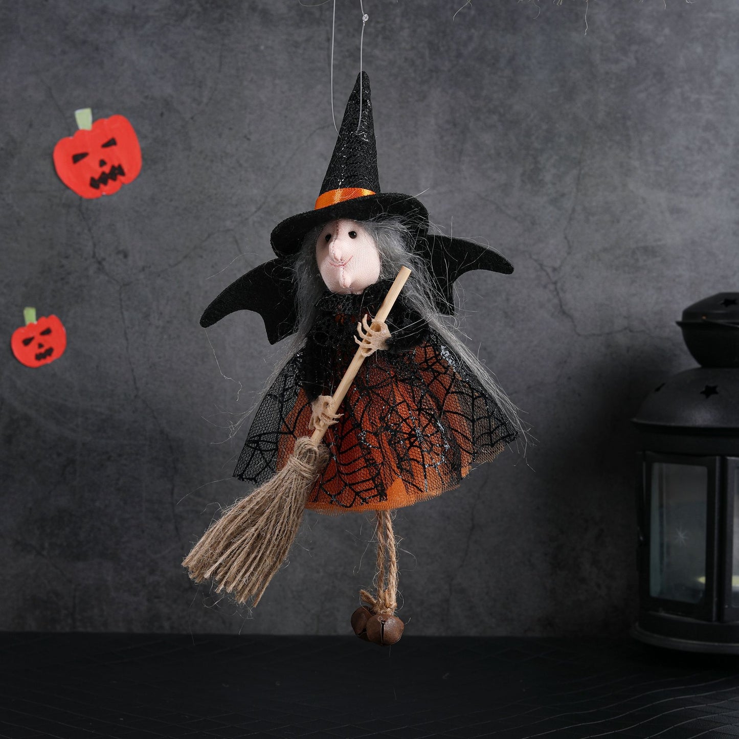 New Halloween Hanging Decoration Witch Holding Broom Tulle Skirt Pendant Toy Bar Horror Hanging Ornament Prank - SkyeDragon Gifts
