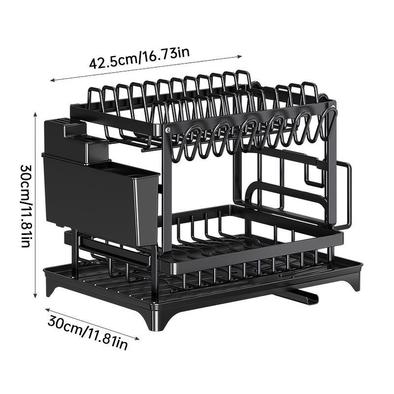 2-Tier Large Capacity Dish Drying Rack, Rustproof Carbon Steel Kitchen Sink Drainer with Cutting Board & Utensil Holder - SkyeDragon Gifts