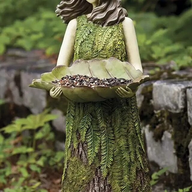 Outdoor Garden Landscape Scene Set Crafts Angel Girl Bird Feeder Resin Ornament