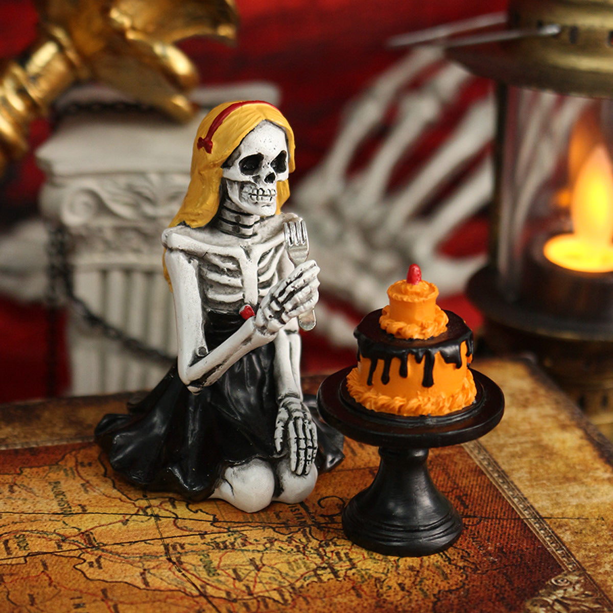 Festive Skull Girl Statue Decoration for Halloween Home Skeleton Scene Resin Craft - SkyeDragon Gifts