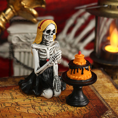 Festive Skull Girl Statue Decoration for Halloween Home Skeleton Scene Resin Craft - SkyeDragon Gifts