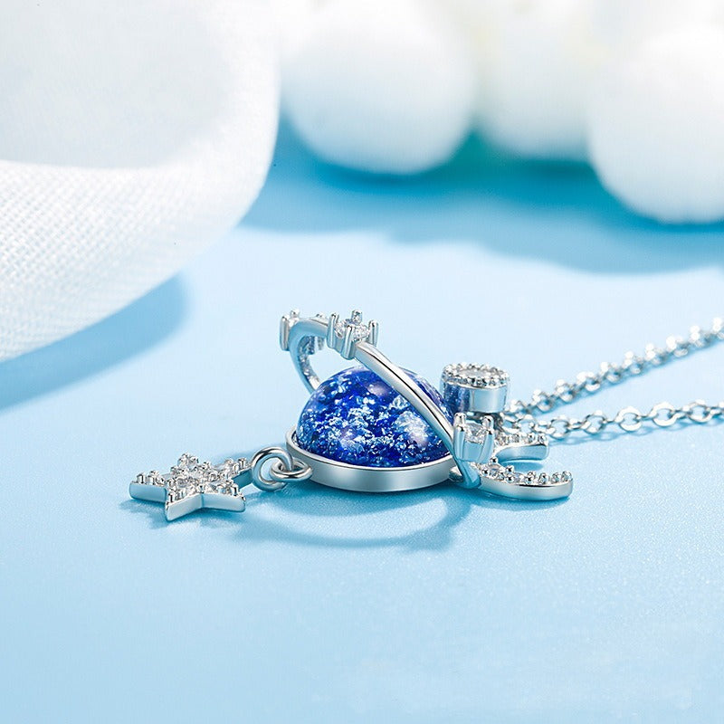 Fantasy Universe Planet Necklace with Small Design Sense Star Moon Set Zirconia Lock Bone Chain Necklace - SkyeDragon Gifts