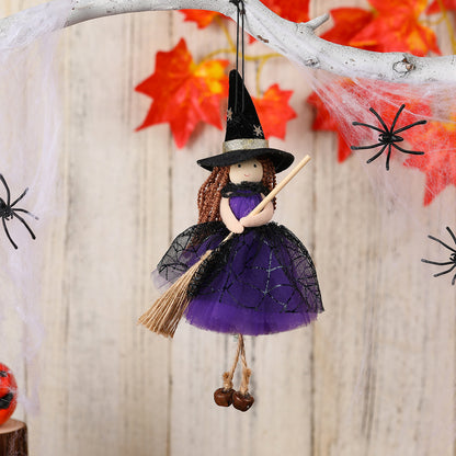 Halloween Mesh Broom Witch Girl Angel Decoration Hanging Bell Doll Christmas Tree Ornament - SkyeDragon Gifts