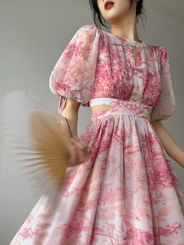 French Art Print Aesthetic Mid Dress Female Summer New Fairy Lantern Short Sleeve Premium Midriff Sakura Long Dress