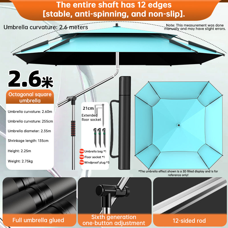 2.0-2.6m Octagonal Fishing Umbrella Portable Beach Sun Shade Camping Parasol UV Waterproof with Carry Bag - SkyeDragon Gifts