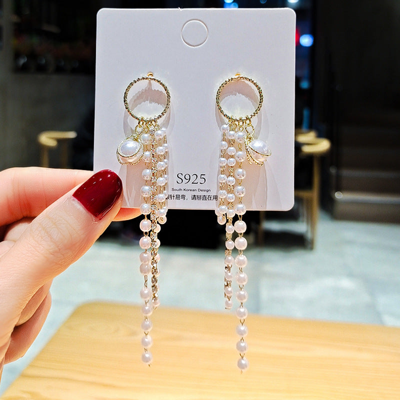 Super Fairy Tassel Pearl Earrings Net Red Trend Temperament Long Earrings S925 Silver Needle Ear Jewelry
