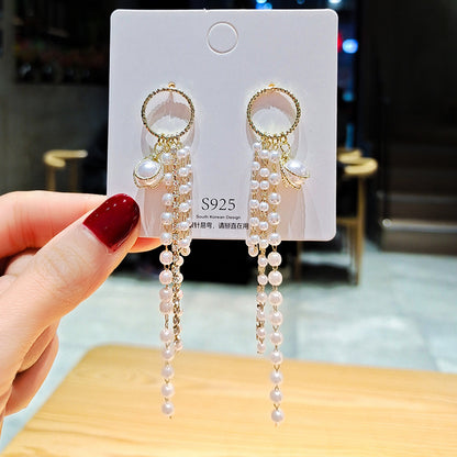 Super Fairy Tassel Pearl Earrings Net Red Trend Temperament Long Earrings S925 Silver Needle Ear Jewelry