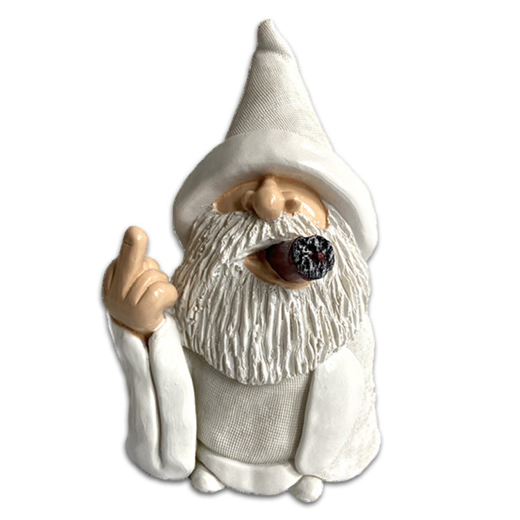 Garden Gnome Dwarf Ornaments Resin Crafts White Robe Smoking Vertical Middle Finger Garden Landscape Decoration