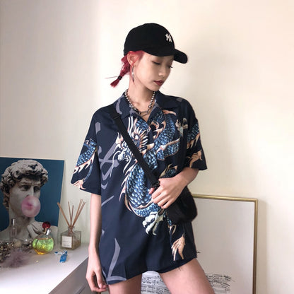 Summer Spring Women Blouses BF style oversized shirts Harajuku Tops Dragon Printing Short Sleeve Shirts Female Streetwear - SkyeDragon Gifts