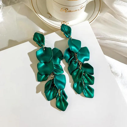 Dark Blue Green Beautiful Exaggerated Fairy Flower Petal Tassel Earrings Trendy Western Earrings Womens Pendent Jewelry