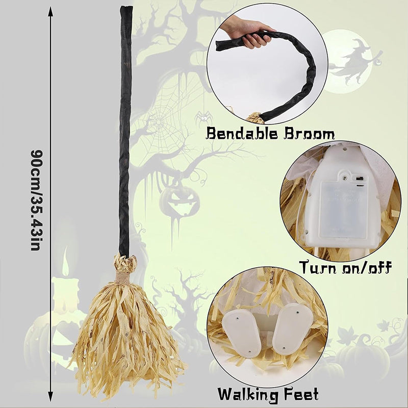 Glowing Witch Broom Halloween Decoration with Lights Sound and Auto Bounce