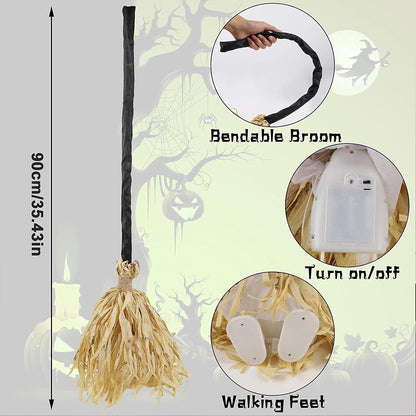 Glowing Witch Broom Halloween Decoration with Lights Sound and Auto Bounce