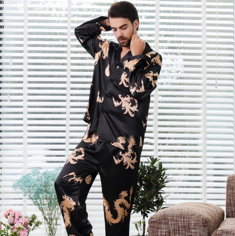 Simulated silk couple sleepwear new long sleeved set men's and women's V-neck silk printed dragon and phoenix home clothes - SkyeDragon Gifts