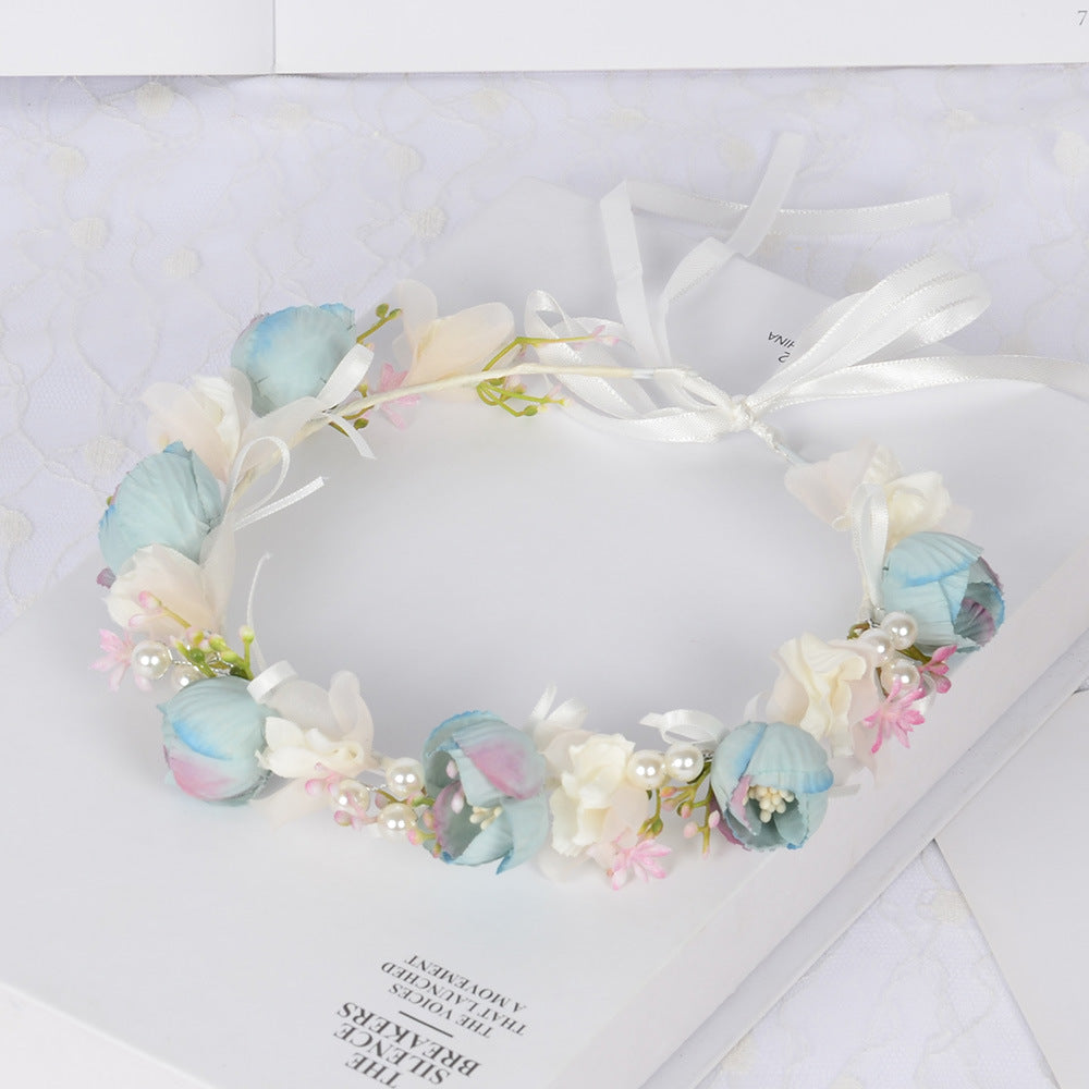 Korean style fairy flower wreath silk cloth flower bud pearl headband fresh and versatile photo studio headwear