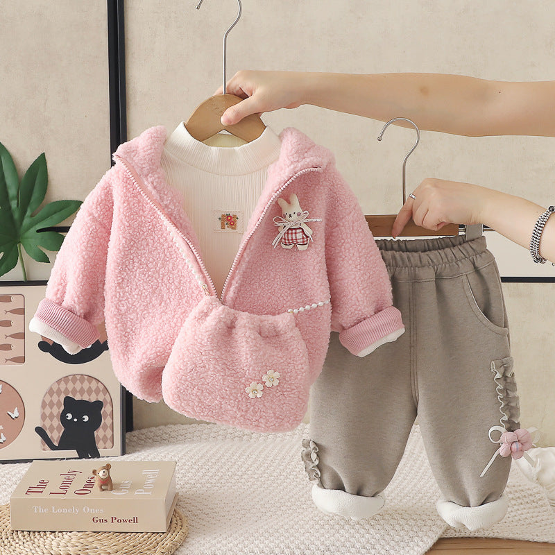 Girls' Floral Rabbit Print Fleece Lined Winter Three-Piece Set