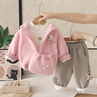 Girls' Floral Rabbit Print Fleece Lined Winter Three-Piece Set