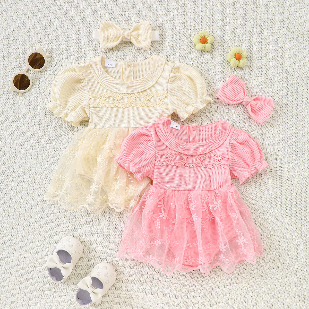 Baby Girl Waffle Knit Romper with Peter Pan Collar & Hairband – Princess One-Piece Outfit - SkyeDragon Gifts