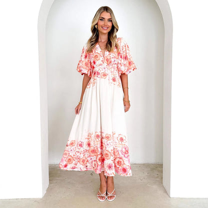 Strap print fairy style medium long style dress with a large swing for women