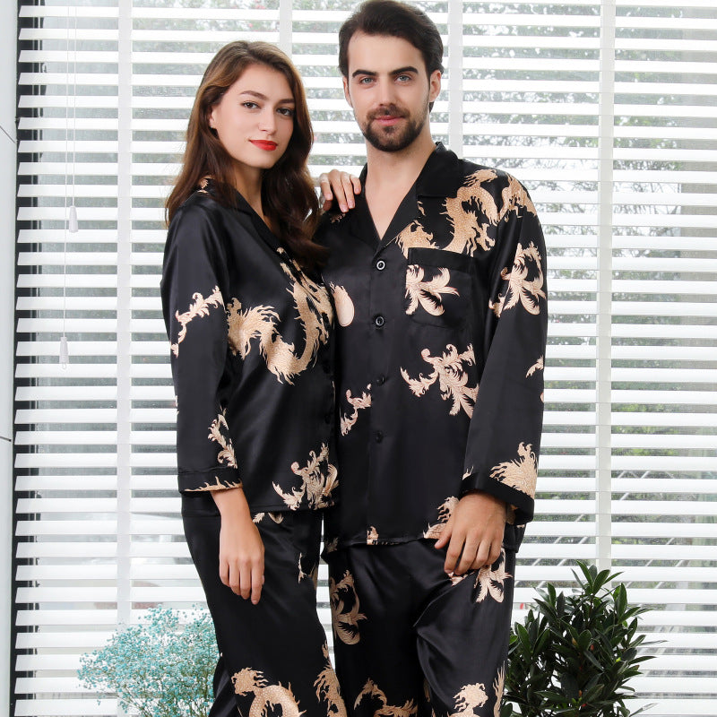 Simulated silk couple sleepwear new long sleeved set men's and women's V-neck silk printed dragon and phoenix home clothes - SkyeDragon Gifts