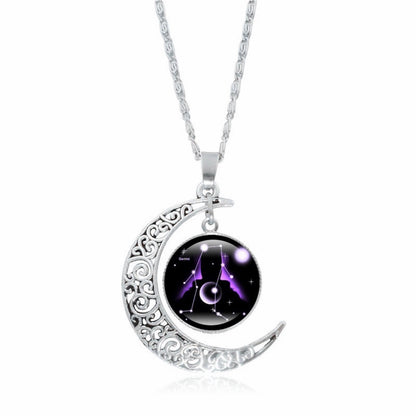 Zodiac Time Gem Luminous Necklace for Women, Simple Silver Moon Pendant Choker - SkyeDragon Gifts