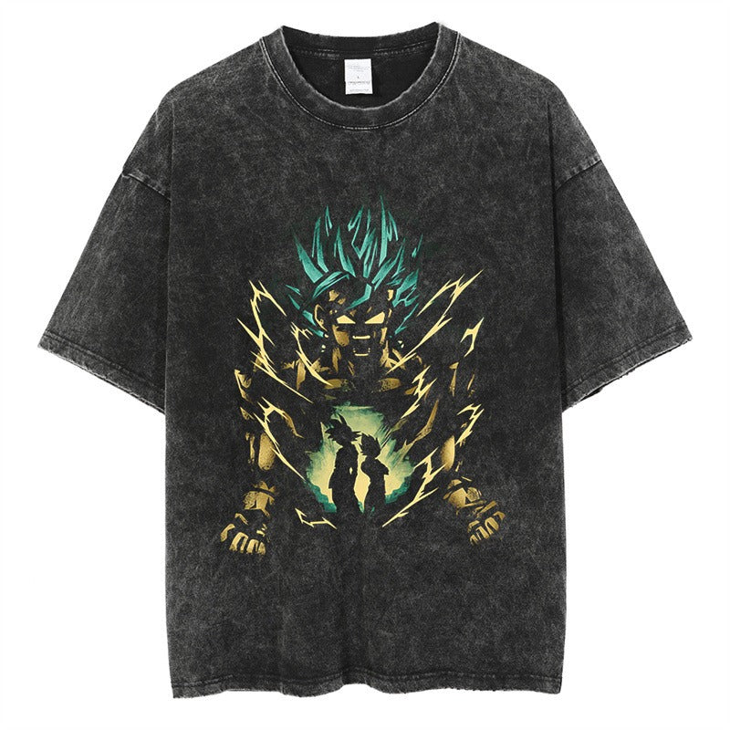 Water washed retro T-shirt street hip-hop anime dragon bead cartoon print graphic casual cotton summer short  sleeved - SkyeDragon Gifts