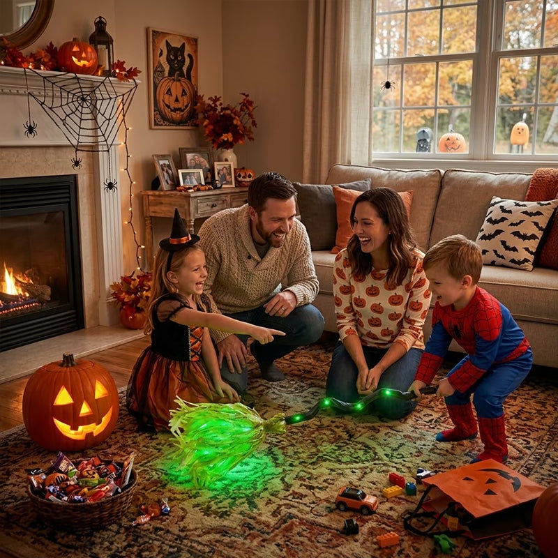 Glowing Witch Broom Halloween Decoration with Lights Sound and Auto Bounce