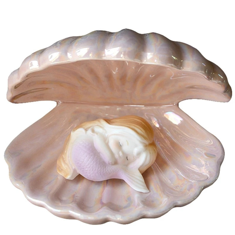 Mermaid Shell Pearl Night Light – Ceramic Bedside Lamp - SkyeDragon Gifts