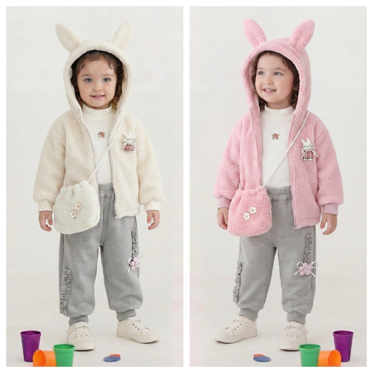 Girls' Floral Rabbit Print Fleece Lined Winter Three-Piece Set
