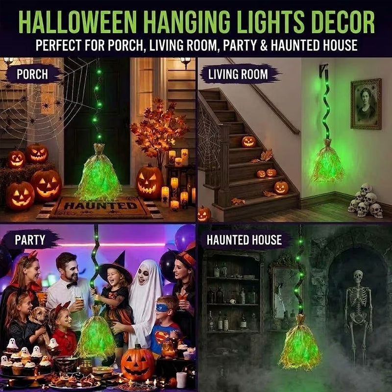 Glowing Witch Broom Halloween Decoration with Lights Sound and Auto Bounce