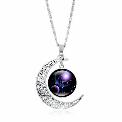 Zodiac Time Gem Luminous Necklace for Women, Simple Silver Moon Pendant Choker - SkyeDragon Gifts
