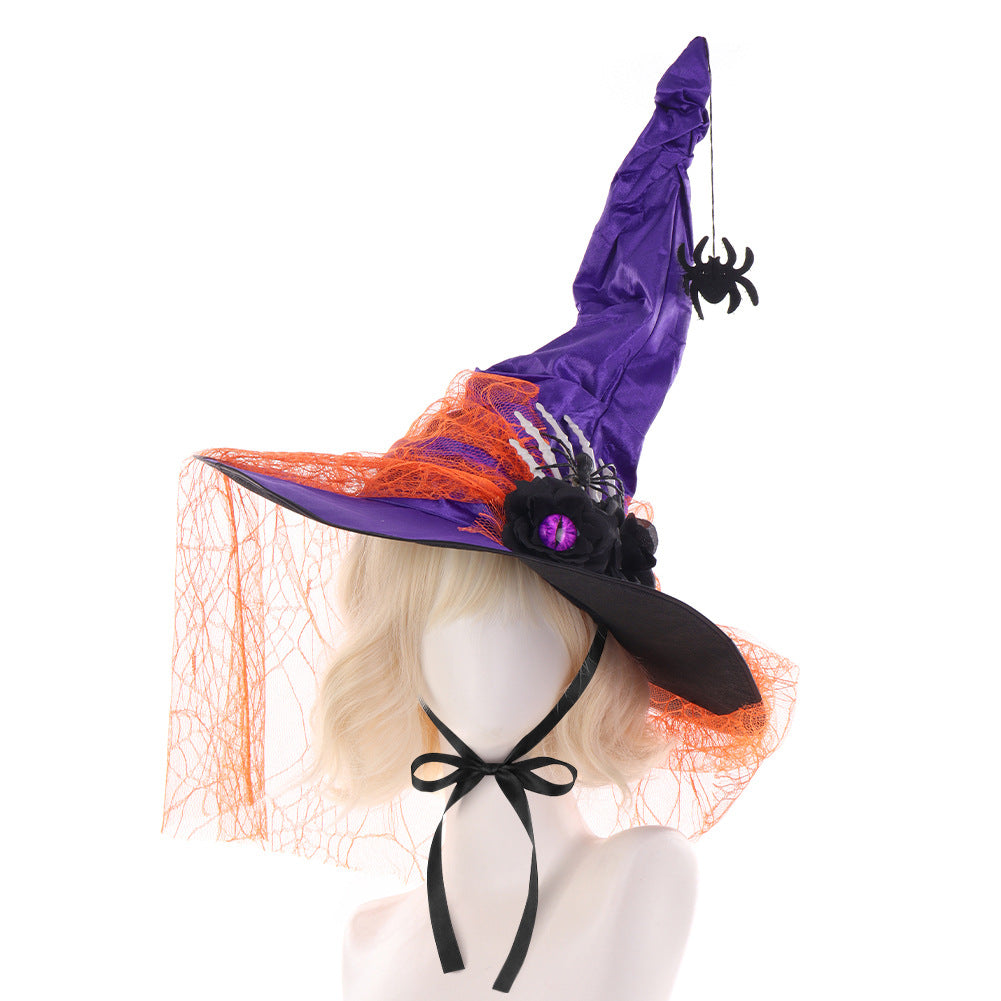 Halloween Ruffled Lace Witch Hat for Party, Costume Cosplay, Black Bone Decorated Wizard Hat - SkyeDragon Gifts