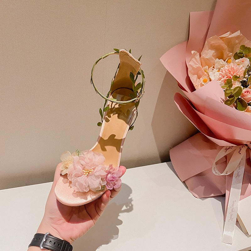 Pink pastoral chiffon flower fantasy high heels one-line vine strap sandals for women - SkyeDragon Gifts