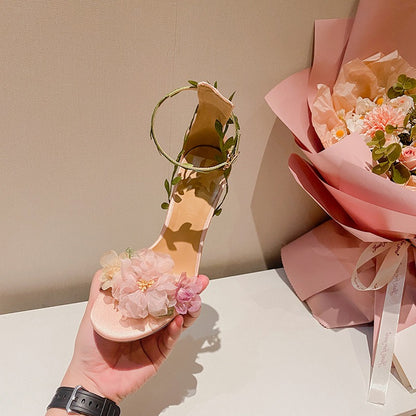 Pink pastoral chiffon flower fantasy high heels one-line vine strap sandals for women - SkyeDragon Gifts