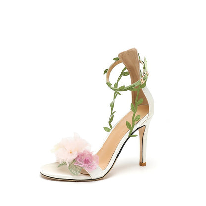 Pink pastoral chiffon flower fantasy high heels one-line vine strap sandals for women - SkyeDragon Gifts