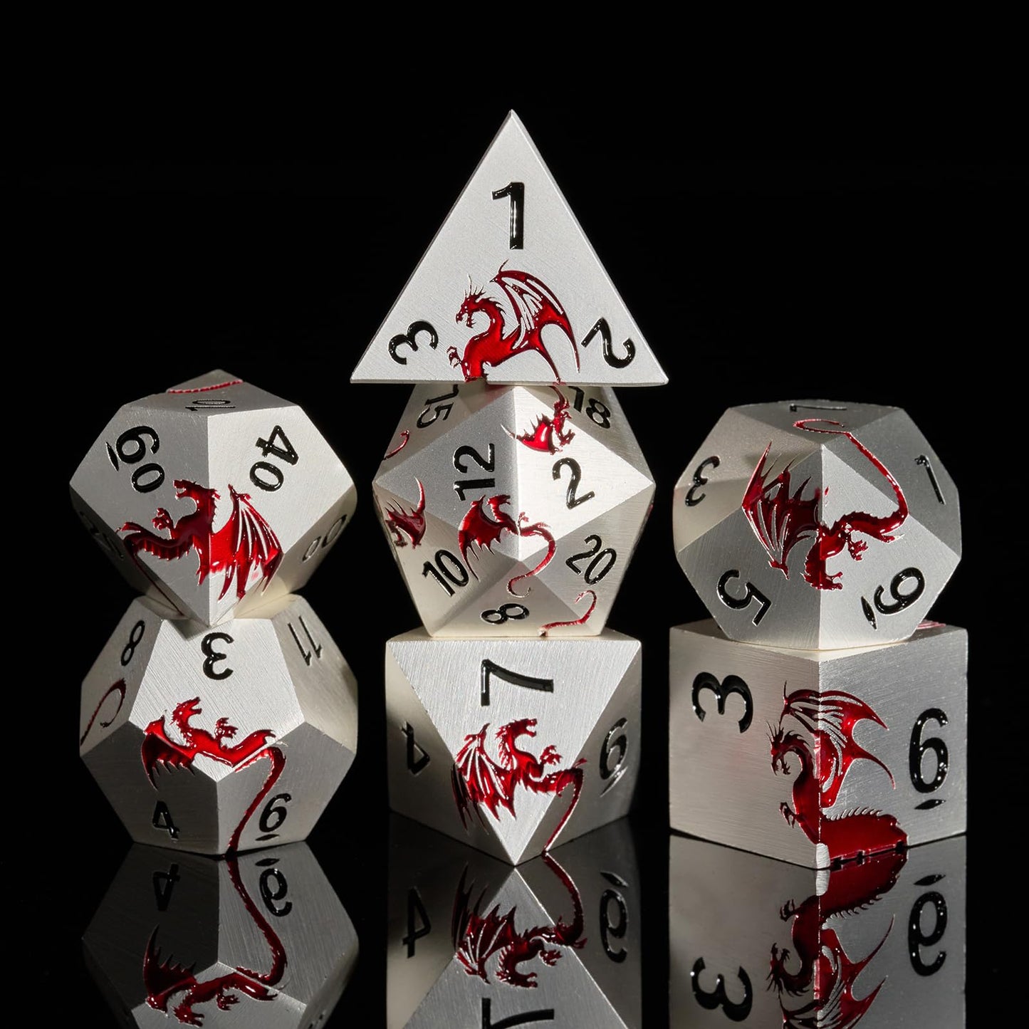 Metal Dice Set D&D HNCCESG Polyhedral Dice 7 Piece Dice Dragon Metallic DND Dice Set for Dungeons and Dragon RPG Tabletop Game(Matte Silver Red Dragon) - SkyeDragon Gifts