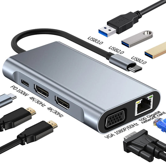 Cross border 8-in-1 docking station network card MST multi screen display suitable for Apple Huawei computer type-c docking station - SkyeDragon Gifts