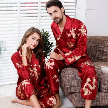 Simulated silk couple sleepwear new long sleeved set men's and women's V-neck silk printed dragon and phoenix home clothes - SkyeDragon Gifts