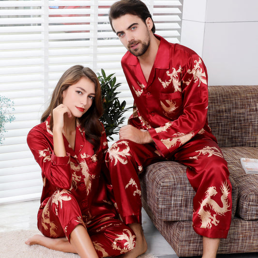 Simulated silk couple sleepwear new long sleeved set men's and women's V-neck silk printed dragon and phoenix home clothes - SkyeDragon Gifts