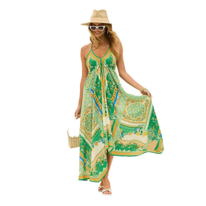 Printed fairy style long dress with elegant temperament big swing dress for women