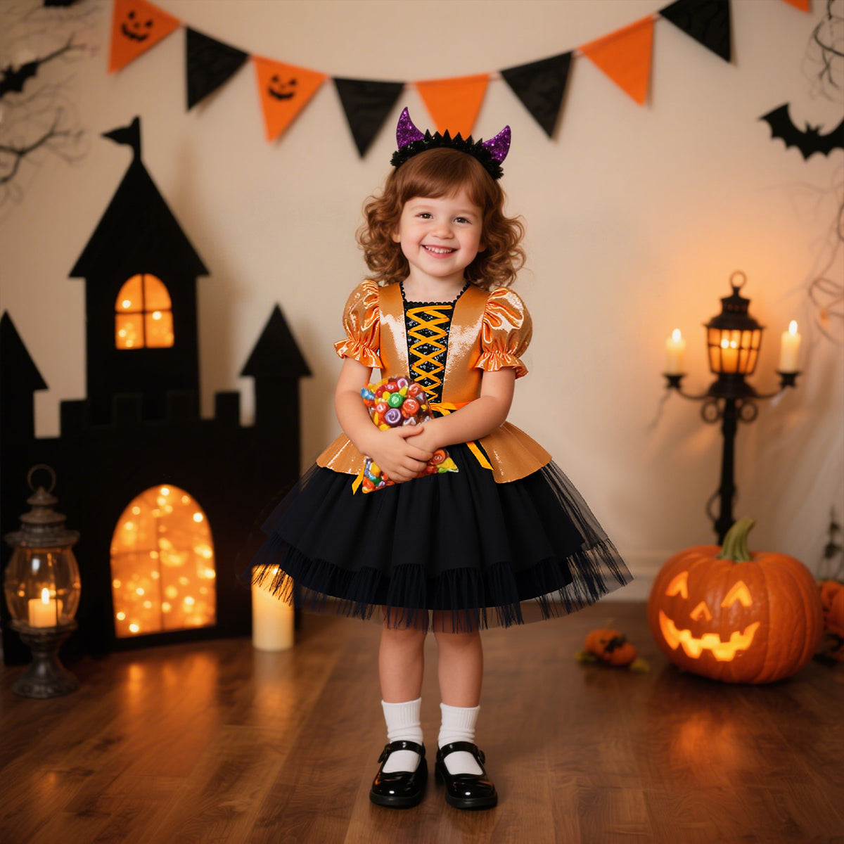 Fairy Tale Princess Dress for Girls Halloween Costume Puff Sleeve Ball Gown with Bowknot Tulle Skirt
