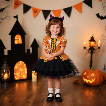 Fairy Tale Princess Dress for Girls Halloween Costume Puff Sleeve Ball Gown with Bowknot Tulle Skirt