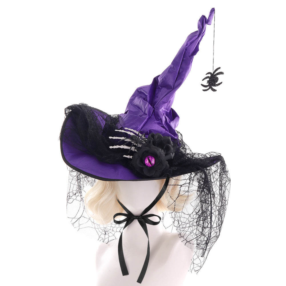 Halloween Ruffled Lace Witch Hat for Party, Costume Cosplay, Black Bone Decorated Wizard Hat - SkyeDragon Gifts