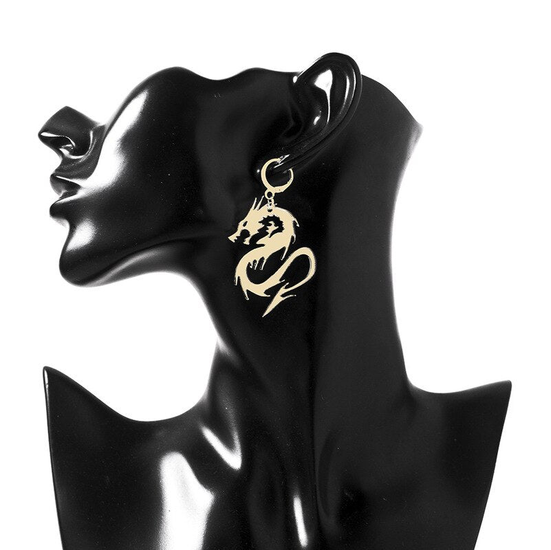Chinese Style Metal Arcylic Dragon Earrings Punk Cool Gold Silver Color Mirror Surface Animal Drop Earrings for Women Jewelry - SkyeDragon Gifts