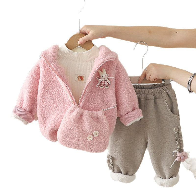 Girls' Floral Rabbit Print Fleece Lined Winter Three-Piece Set