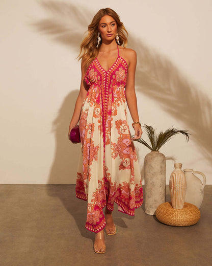 Printed fairy style long dress with elegant temperament big swing dress for women