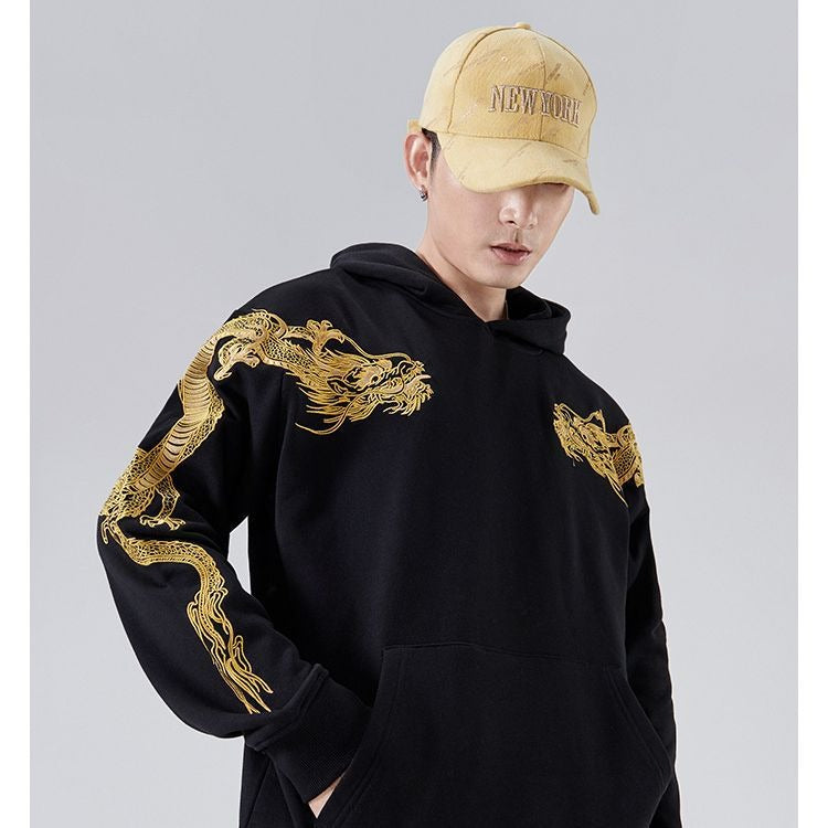 Autumn and winter trendy brand national trend retro yoke dragon embroidered hooded sweatshirt for men and girls for couples - SkyeDragon Gifts